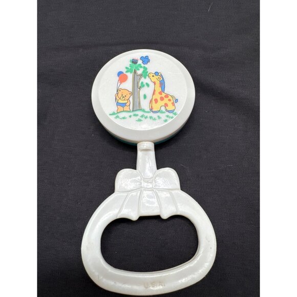 Vintage Luv N Care Baby Rattle With Bear & Giraffe Design White & Teal Plastic - Picture 1 of 7